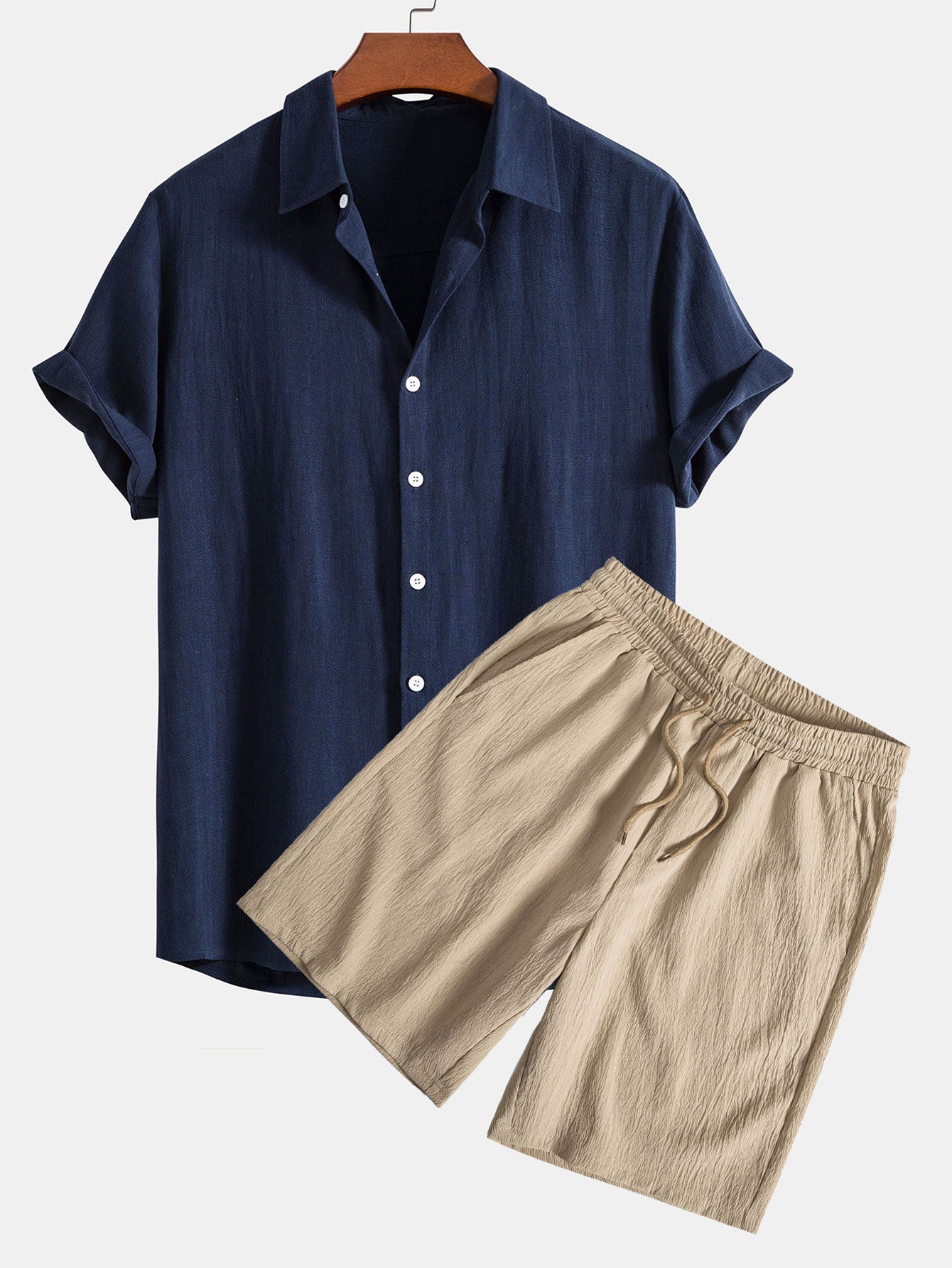 Linen Rayon Blend Button Up Shirt & Crinkled Textured Drawstring Shorts — North Row | Front View
