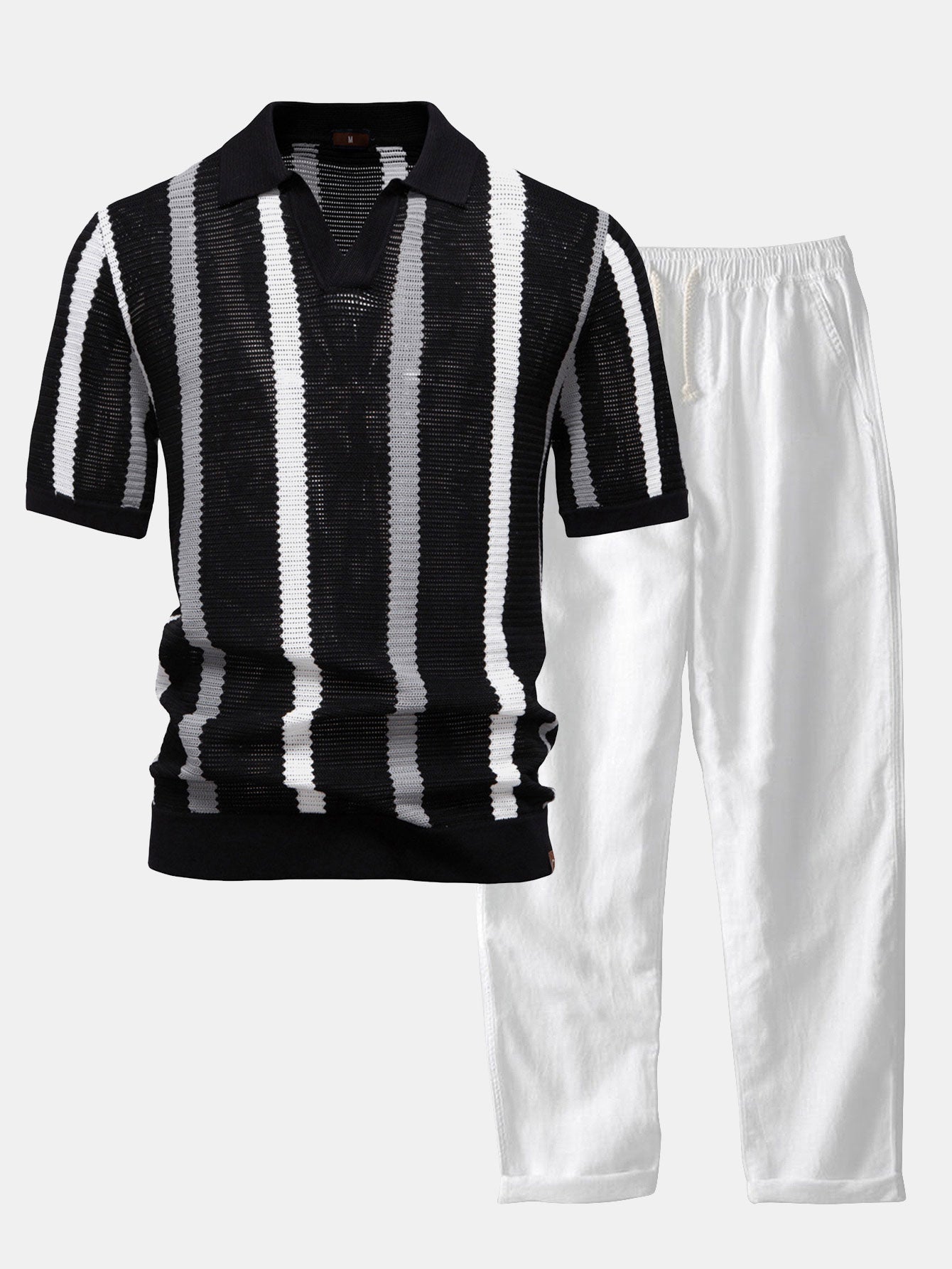 Stripe Knit V Neck Polo Shirt & Straight Leg Linen Pants — North Row | Side View