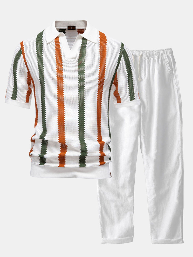 Stripe Knit V Neck Polo Shirt & Straight Leg Linen Pants — North Row | Front View