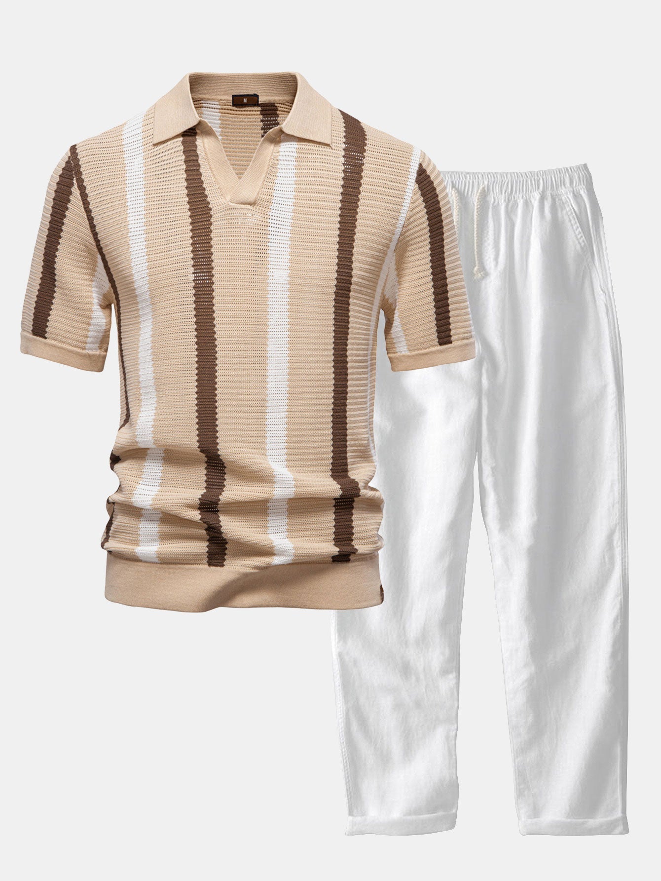 Stripe Knit V Neck Polo Shirt & Straight Leg Linen Pants — North Row | Lifestyle
