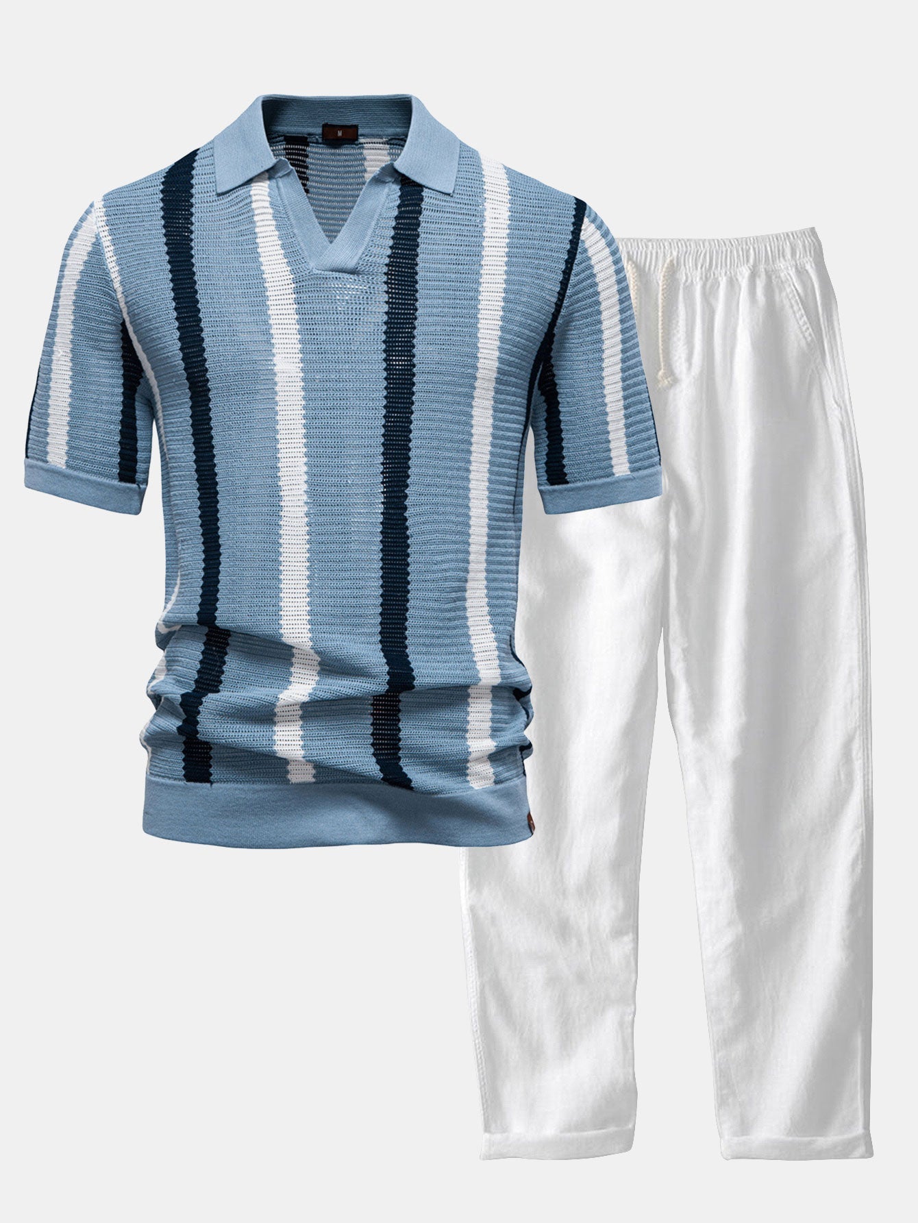 Stripe Knit V Neck Polo Shirt & Straight Leg Linen Pants — North Row | Close-Up