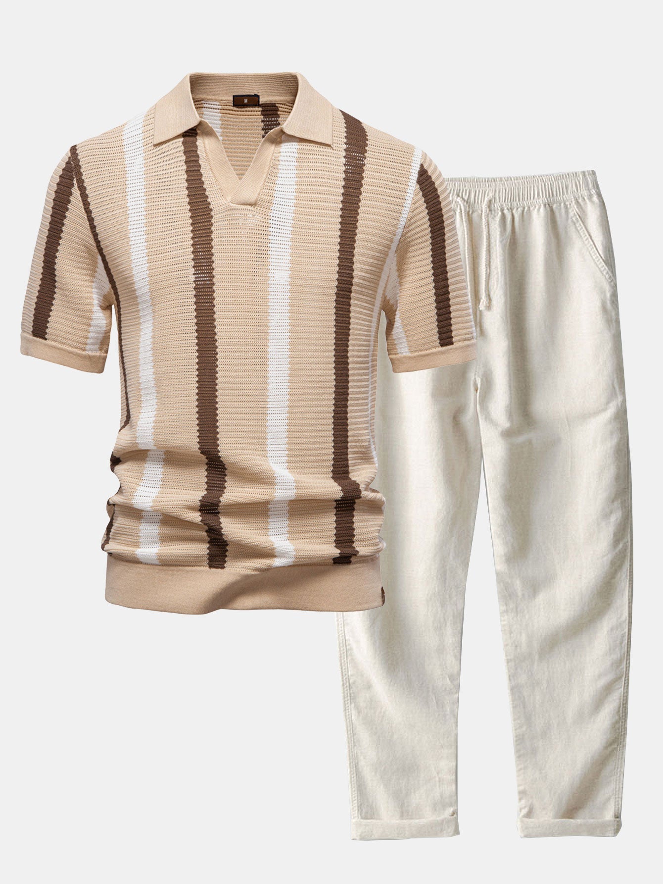 Stripe Knit V Neck Polo Shirt & Straight Leg Linen Pants — North Row | Detail View