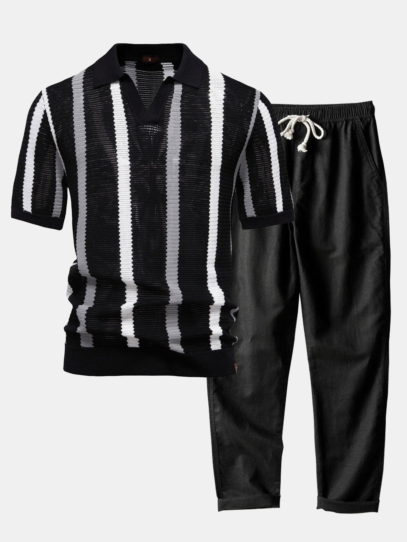 Stripe Knit V Neck Polo Shirt & Straight Leg Linen Pants — North Row | Back View
