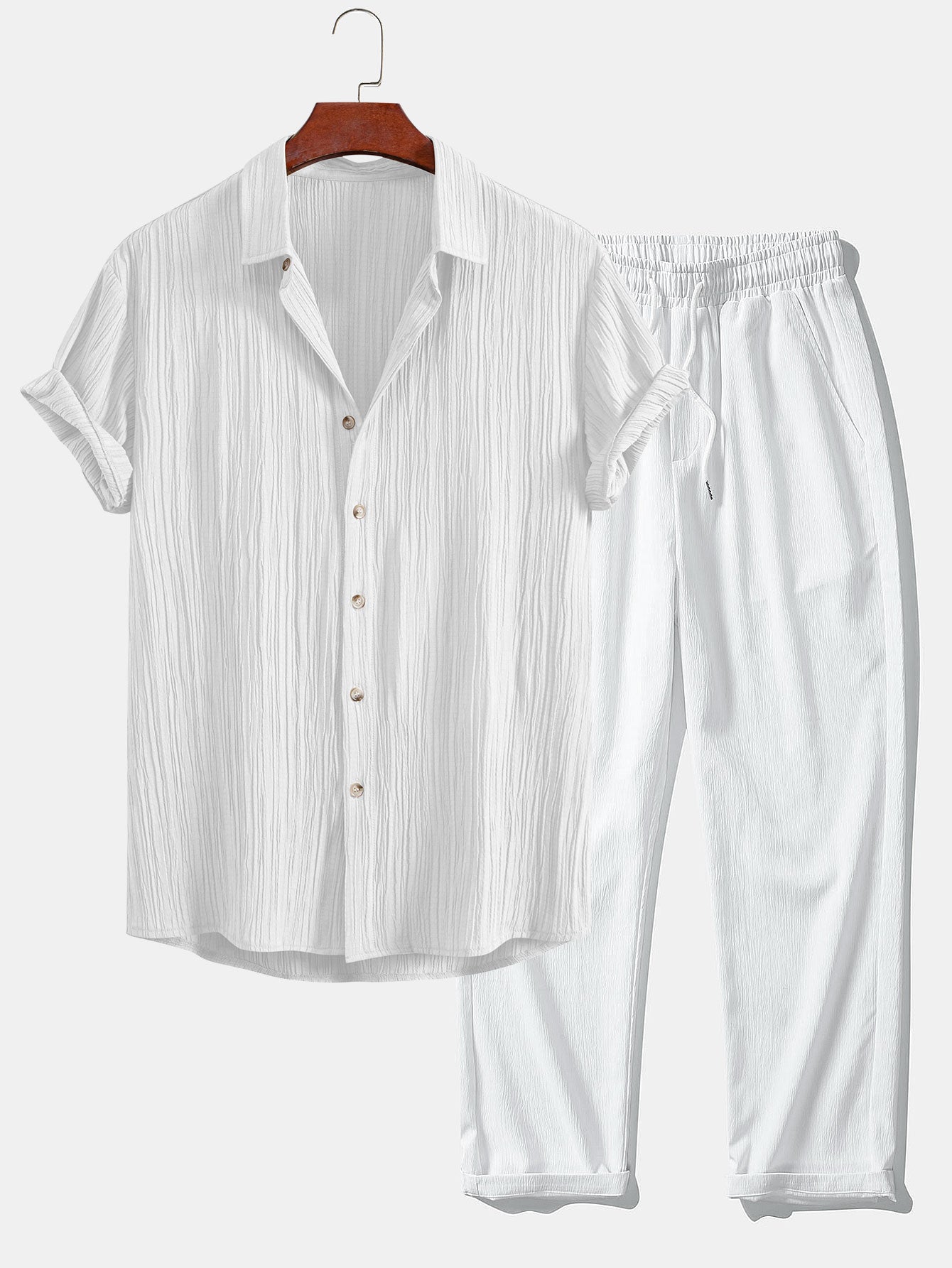 Crinkled Textured Button Up Shirt & Crinkle Textured Straight Leg Pants — North Row | Lifestyle