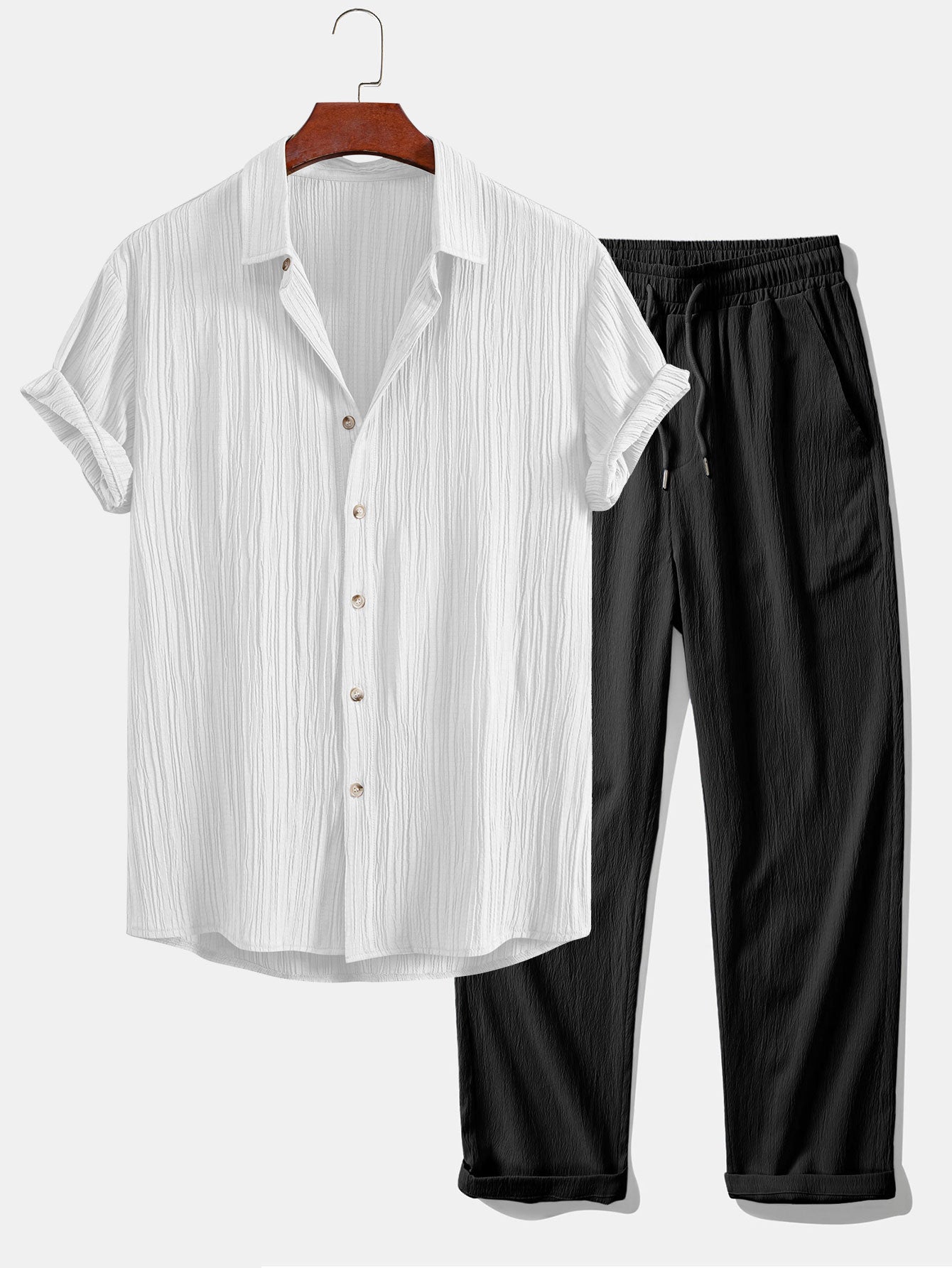 Crinkled Textured Button Up Shirt & Crinkle Textured Straight Leg Pants — North Row | Detail View