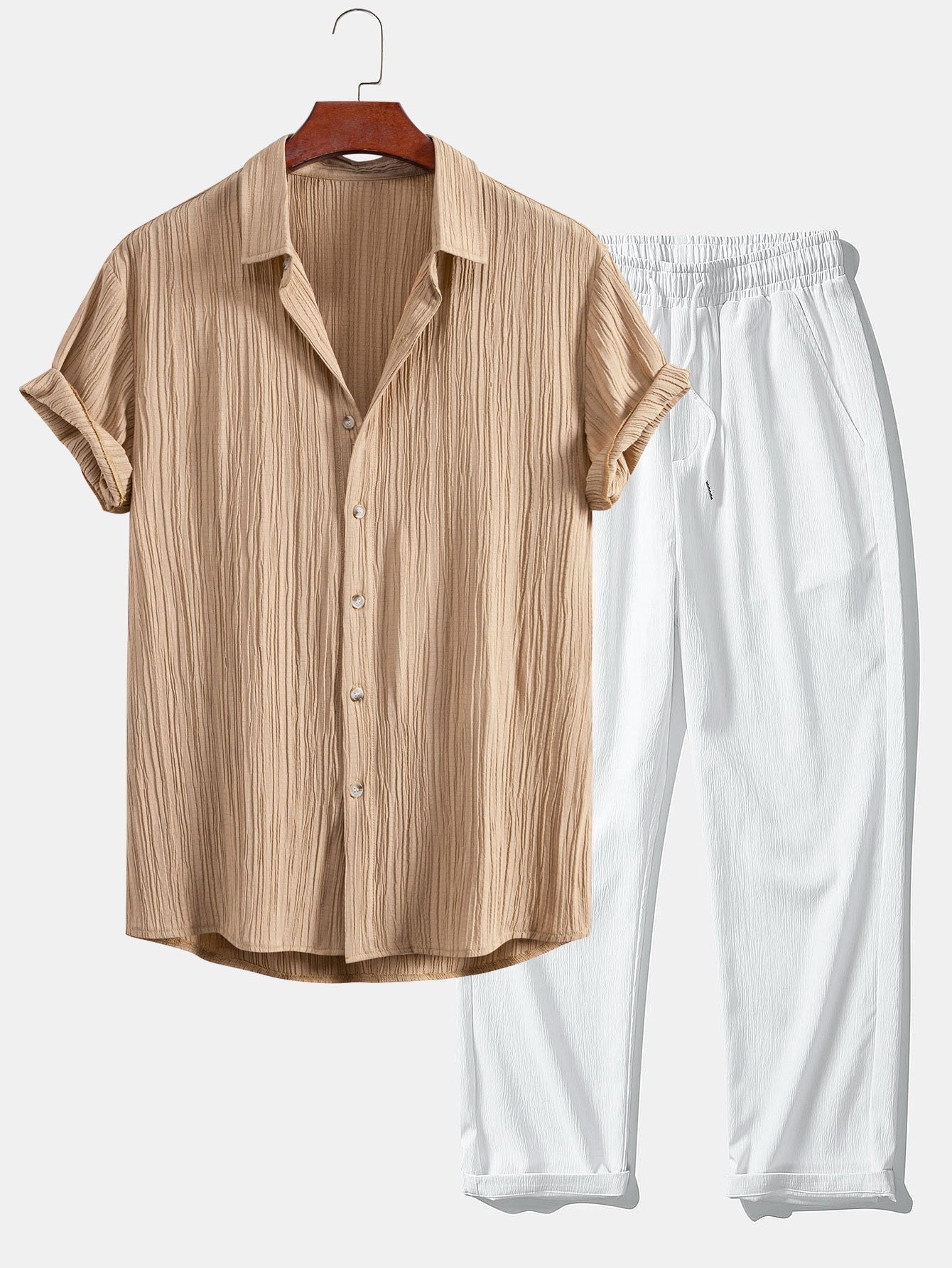Crinkled Textured Button Up Shirt & Crinkle Textured Straight Leg Pants — North Row | Side View