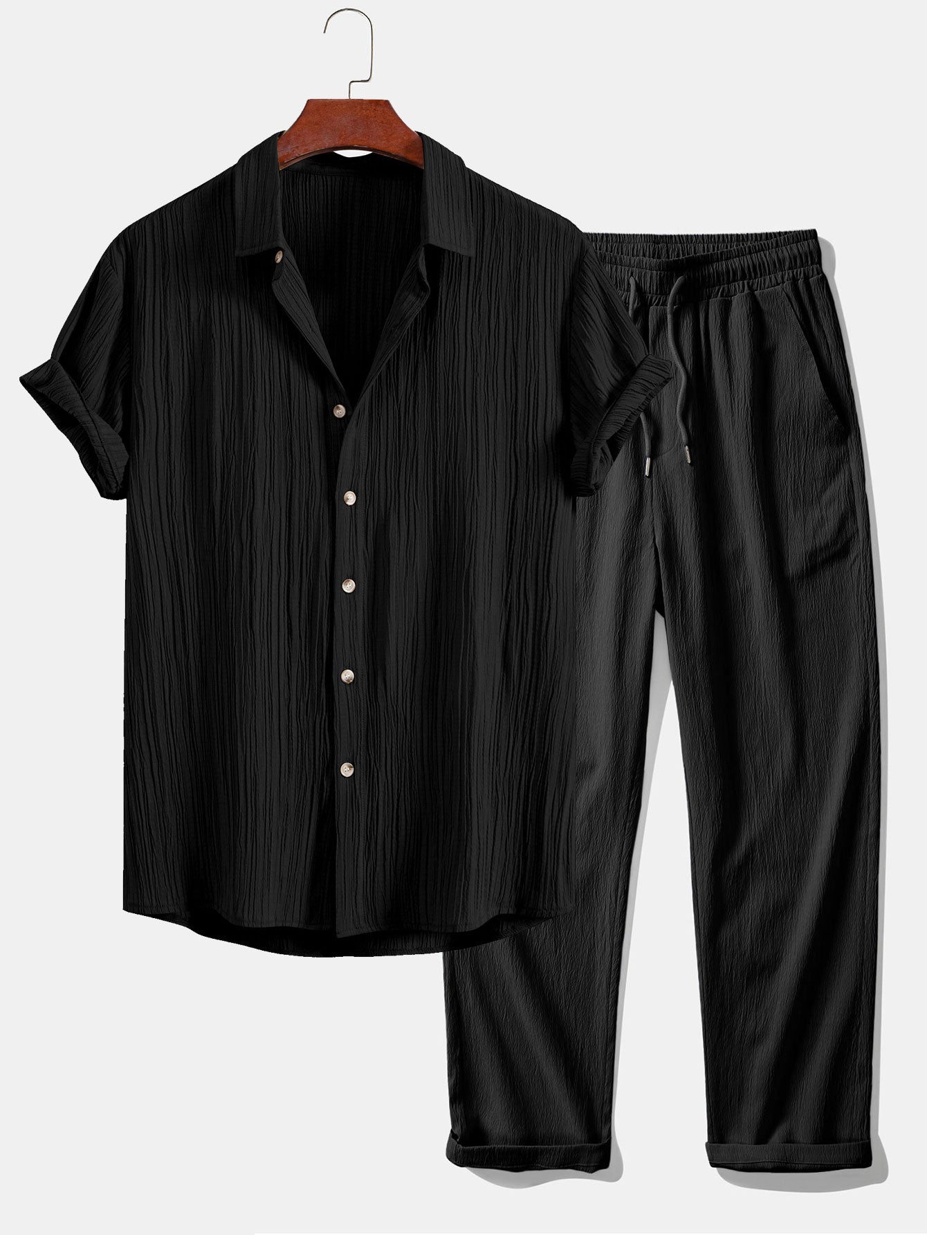 Crinkled Textured Button Up Shirt & Crinkle Textured Straight Leg Pants — North Row | Worn Look