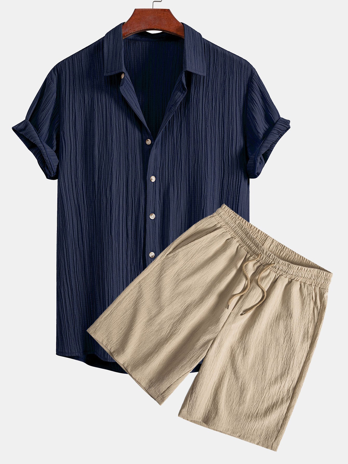 Crinkled Textured Button Up Shirt & Crinkled Textured Drawstring Shorts — North Row | Detail View