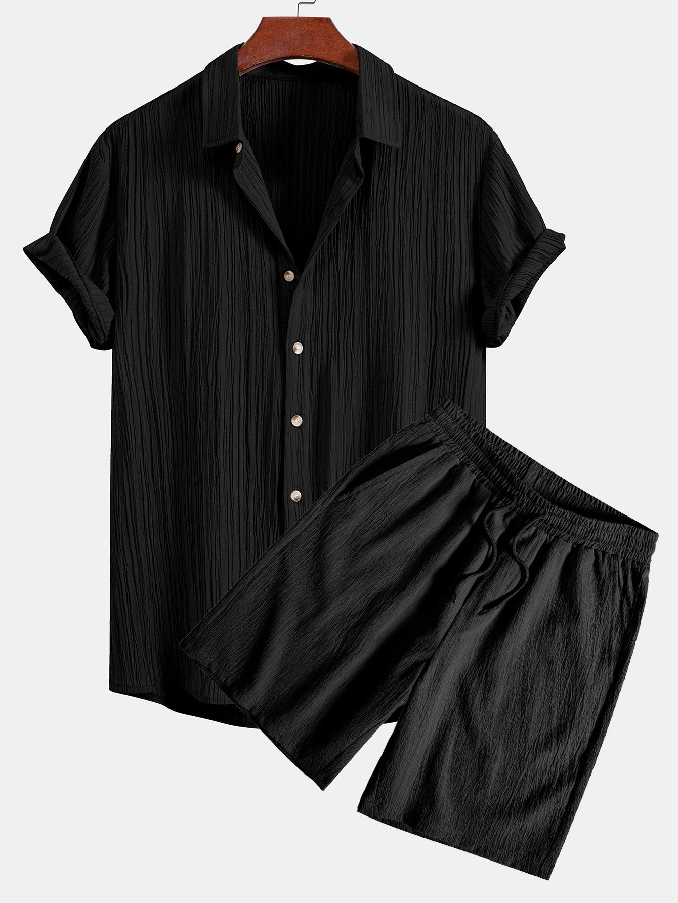 Crinkled Textured Button Up Shirt & Crinkled Textured Drawstring Shorts — North Row | Side View