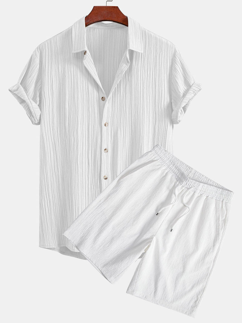 Crinkled Textured Button Up Shirt & Crinkled Textured Drawstring Shorts — North Row | Front View