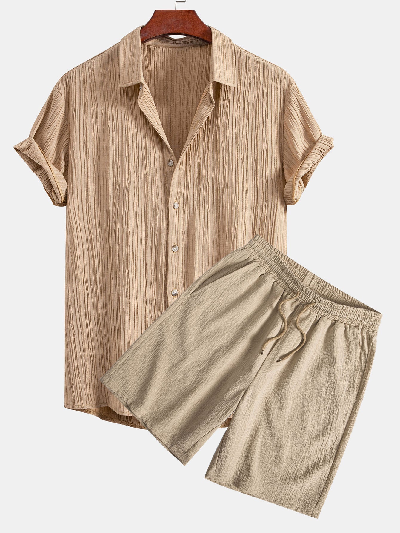 Crinkled Textured Button Up Shirt & Crinkled Textured Drawstring Shorts — North Row | Lifestyle