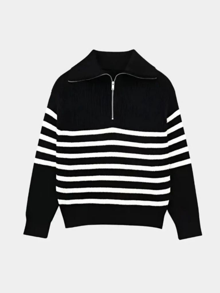 Casual Striped Zip Up Sweater — North Row | Close-Up