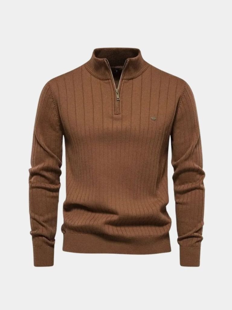 Cotton Knit Vertical Stripes Quarter-Zip Sweater — North Row | Side View