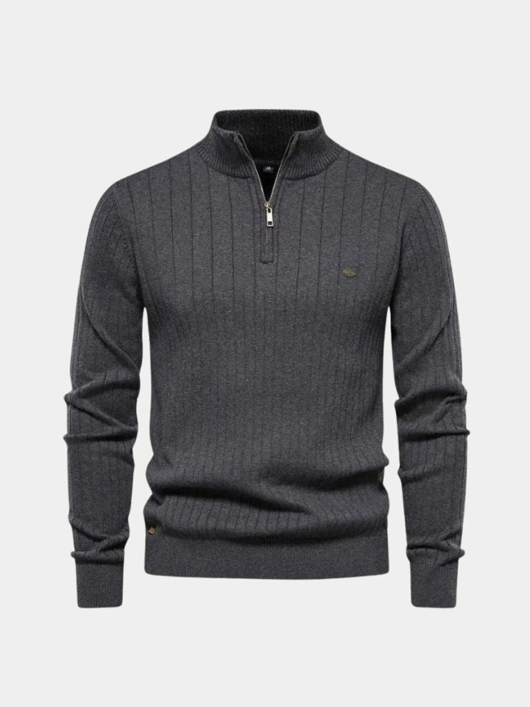 Cotton Knit Vertical Stripes Quarter-Zip Sweater — North Row | Full Length