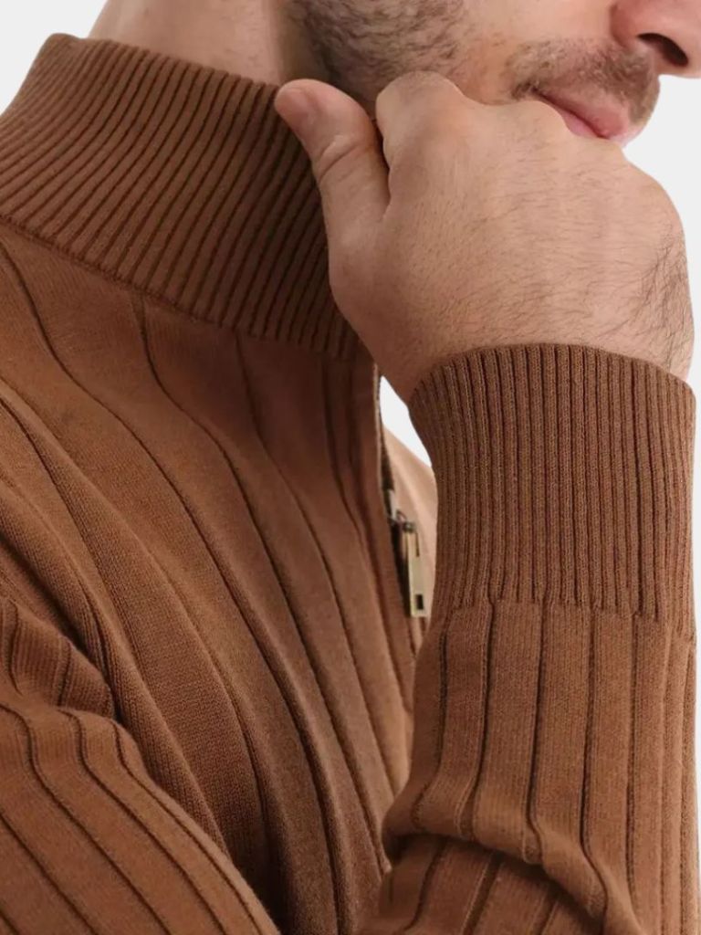 Cotton Knit Vertical Stripes Quarter-Zip Sweater — North Row | Detail View