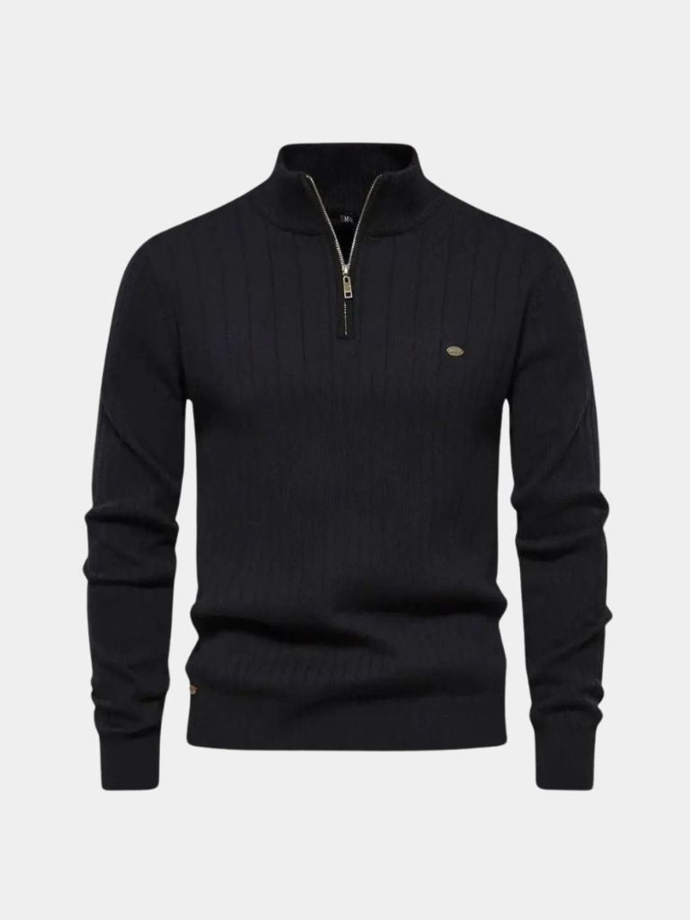 Cotton Knit Vertical Stripes Quarter-Zip Sweater — North Row | Flat Lay