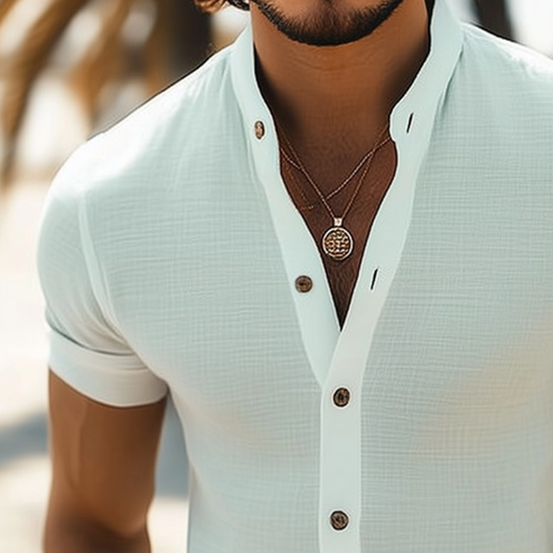 Men's Summer Basic Stand Collar Textured Short Sleeve Shirt MTA1316F2U — North Row | Model Wearing