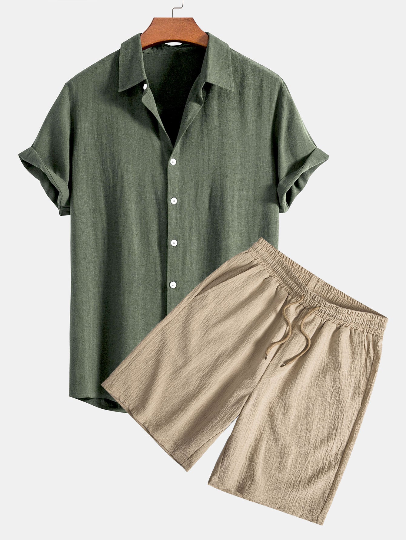 Linen Rayon Blend Button Up Shirt & Crinkled Textured Drawstring Shorts — North Row | Side View