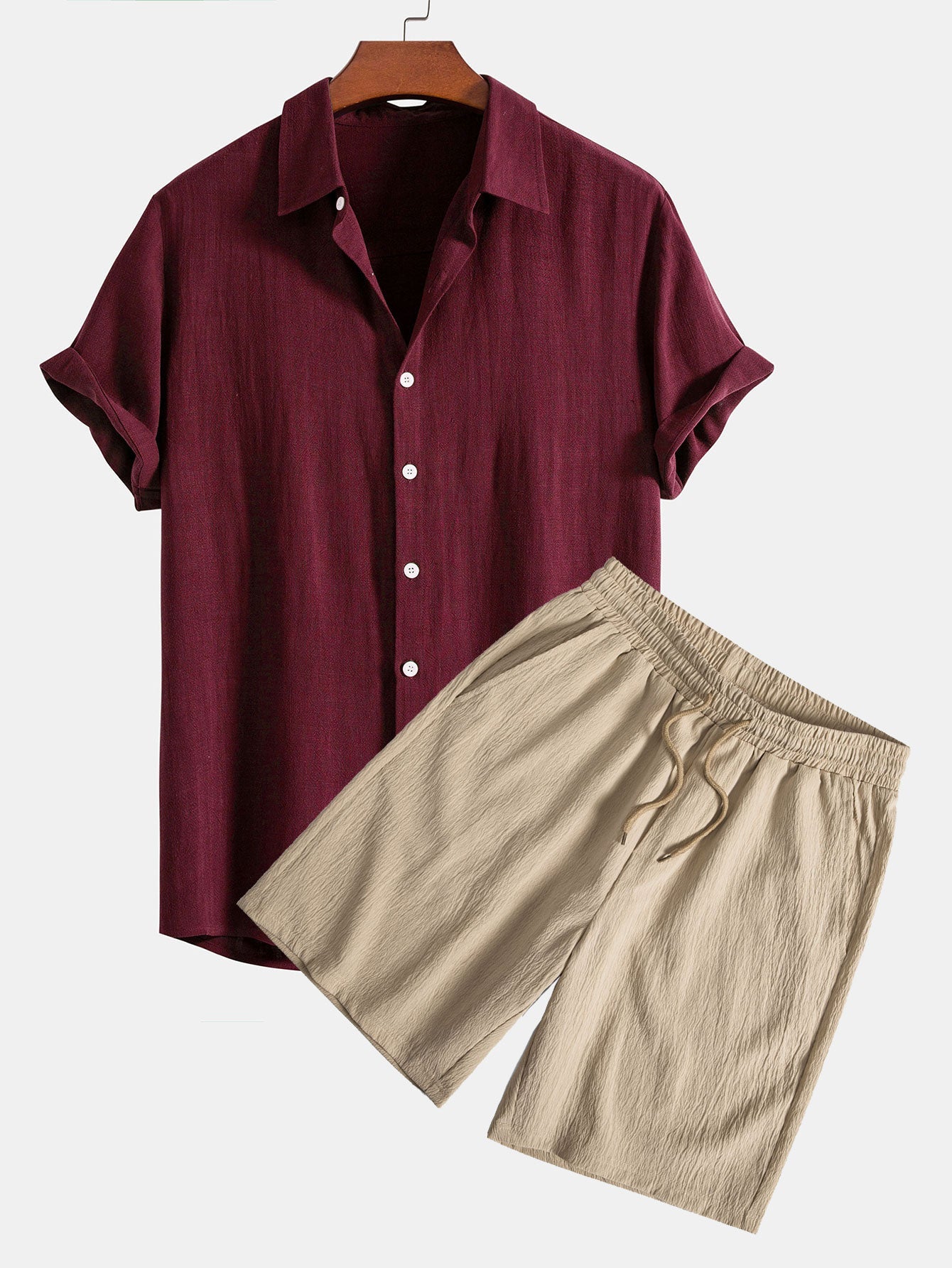Linen Rayon Blend Button Up Shirt & Crinkled Textured Drawstring Shorts — North Row | Detail View
