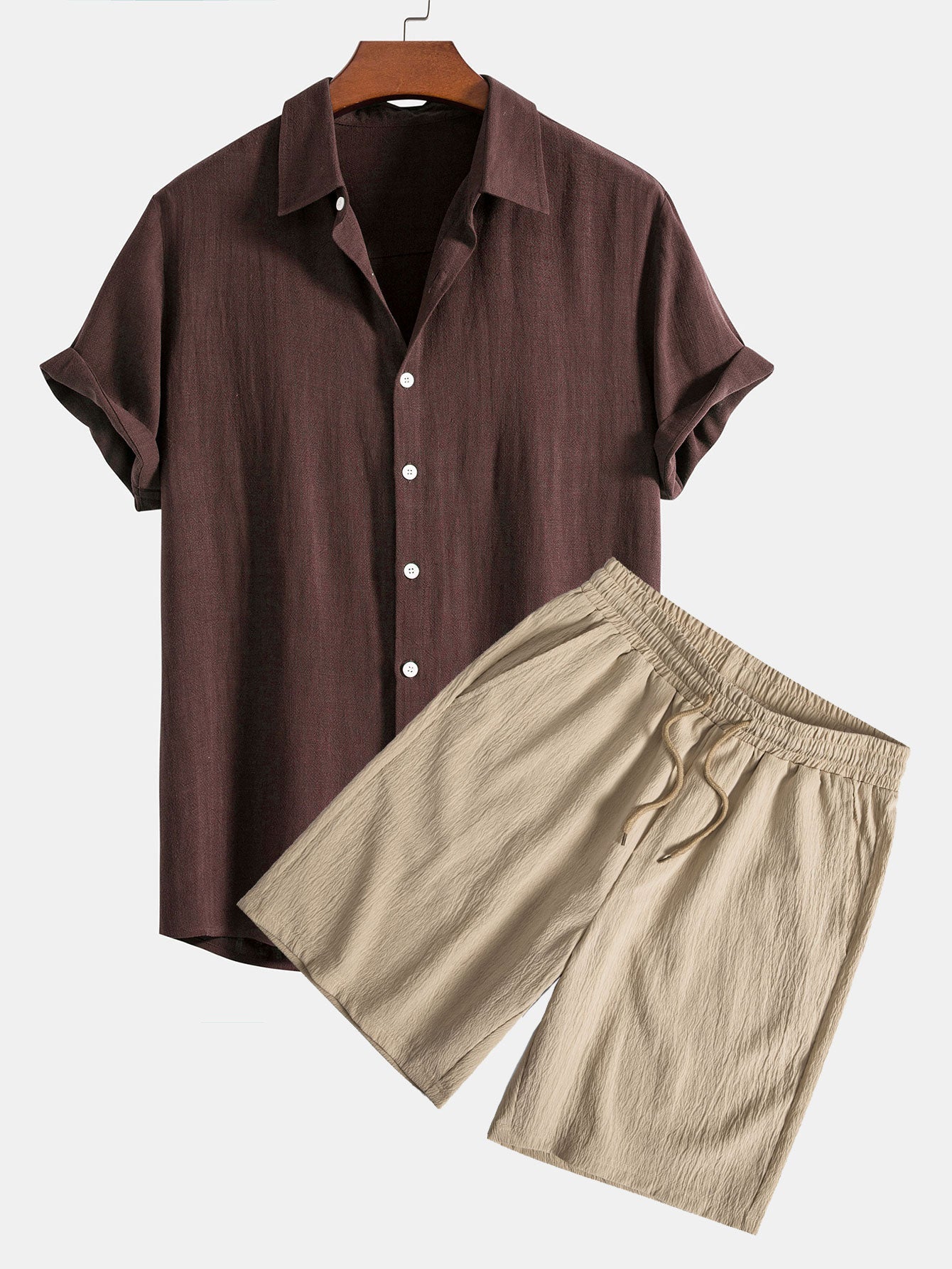 Linen Rayon Blend Button Up Shirt & Crinkled Textured Drawstring Shorts — North Row | Back View