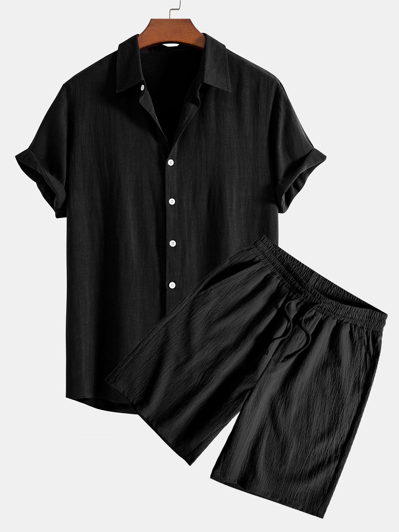 Linen Rayon Blend Button Up Shirt & Crinkled Textured Drawstring Shorts — North Row | Worn Look