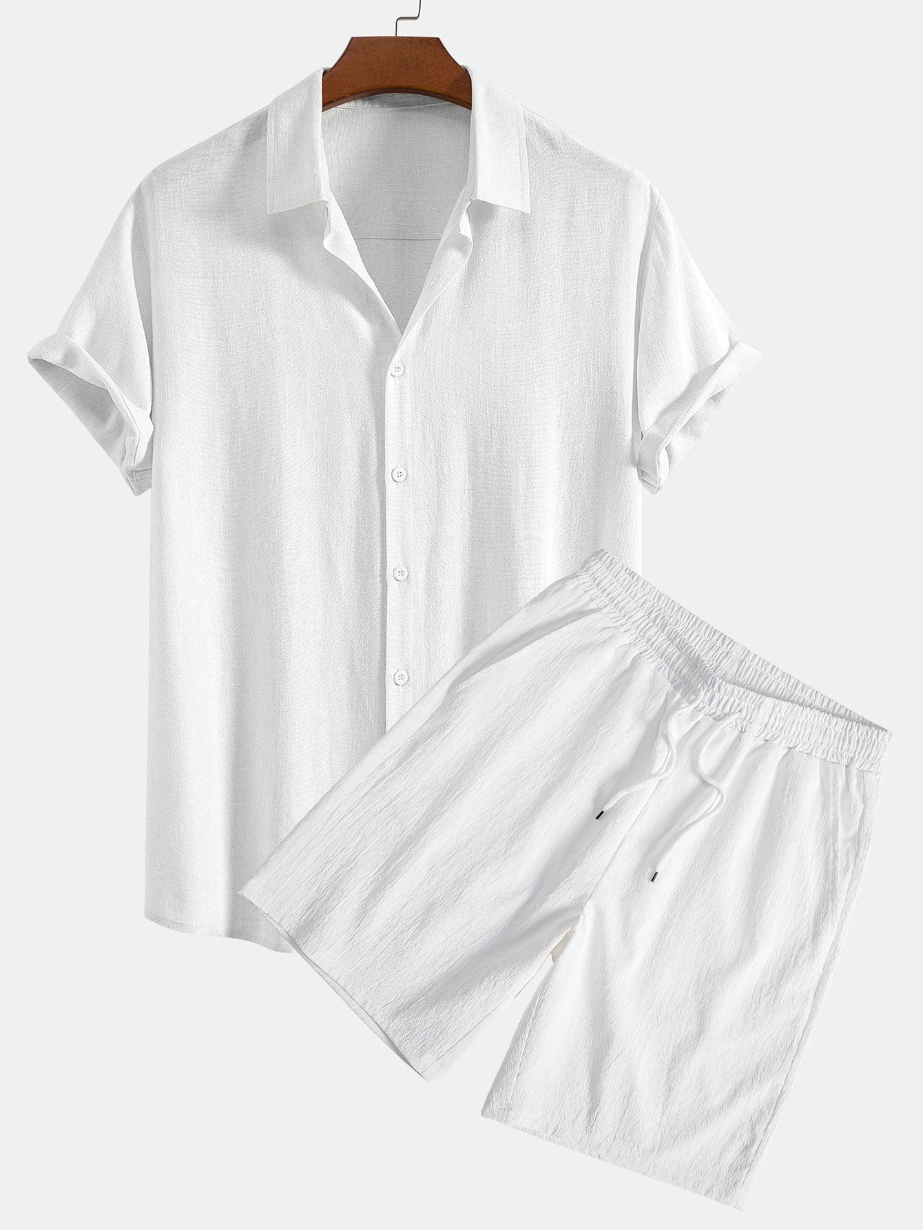 Linen Rayon Blend Button Up Shirt & Crinkled Textured Drawstring Shorts — North Row | Close-Up
