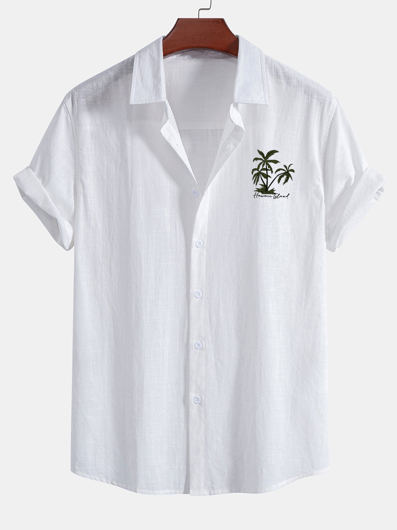 Hawaii Palm Tree Print Linen Look Cotton Button Up Shirt & Swim Shorts — North Row | Side View