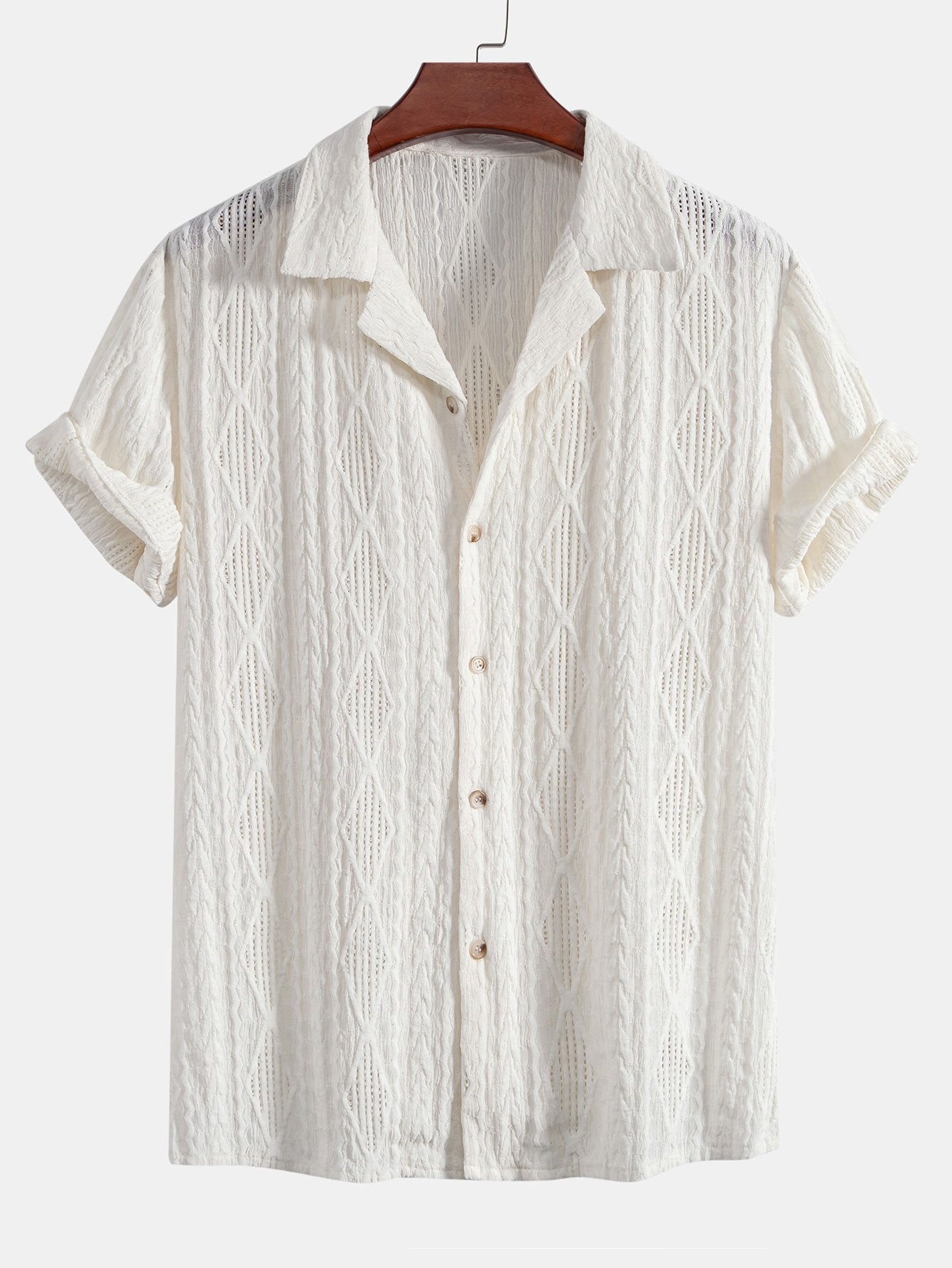 Geometric Jacquard Eyelet Cuban Shirt & Crinkled Textured Drawstring Shorts — North Row | Close-Up
