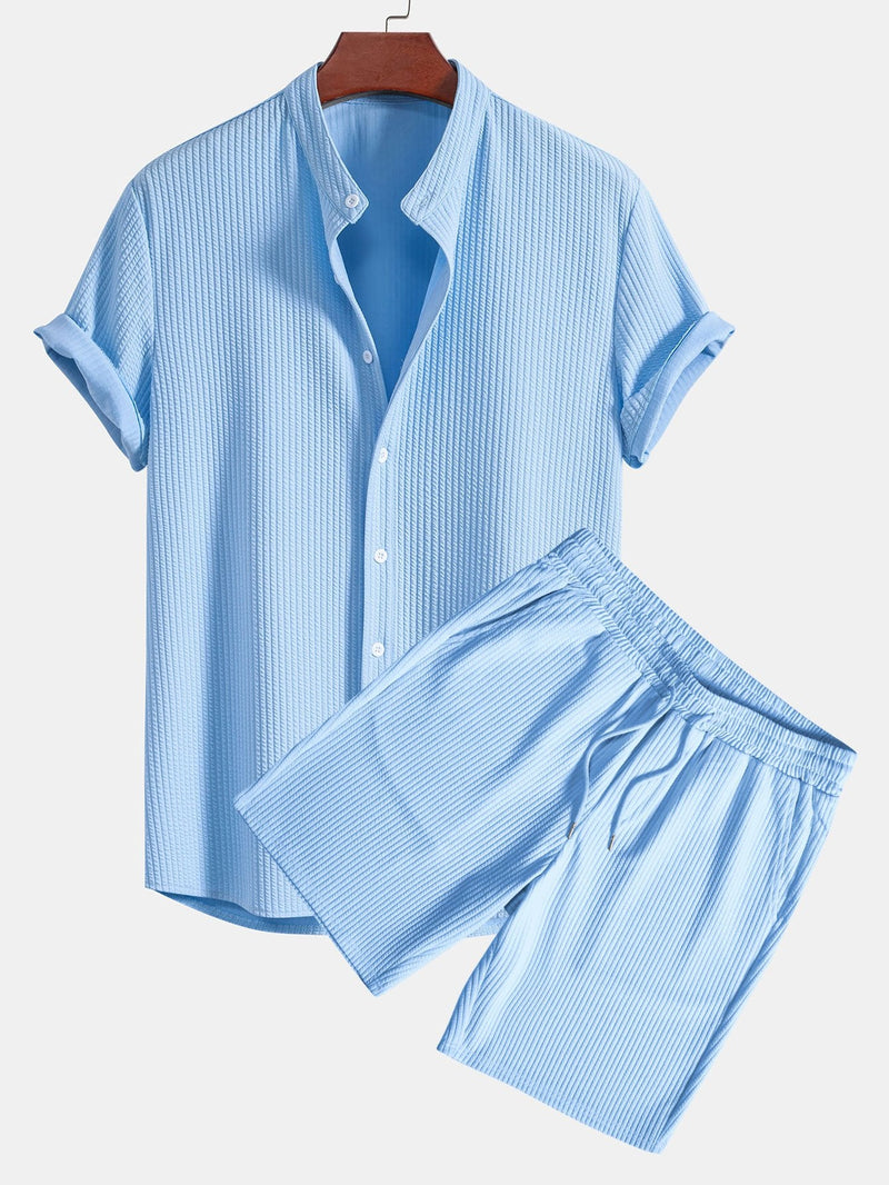 Muscle Fit Ribbed Stand Collar Shirt & Shorts — North Row | Front View