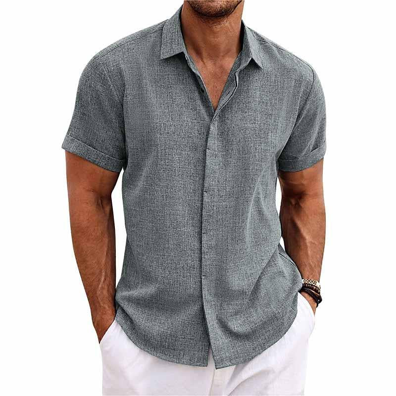 【24-hour shipping out】Men's Solid Color Lapel Cotton Linen Short Sleeve Shirt 82339241X — North Row | Front View