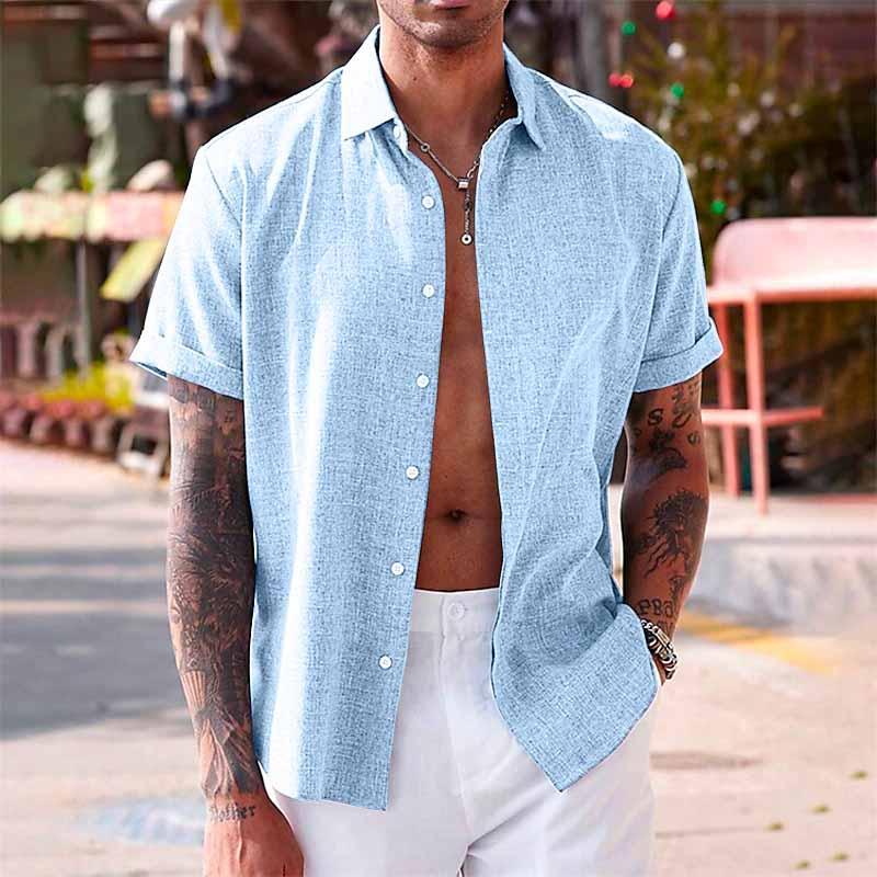 【24-hour shipping out】Men's Solid Color Lapel Cotton Linen Short Sleeve Shirt 82339241X — North Row | Collar Detail