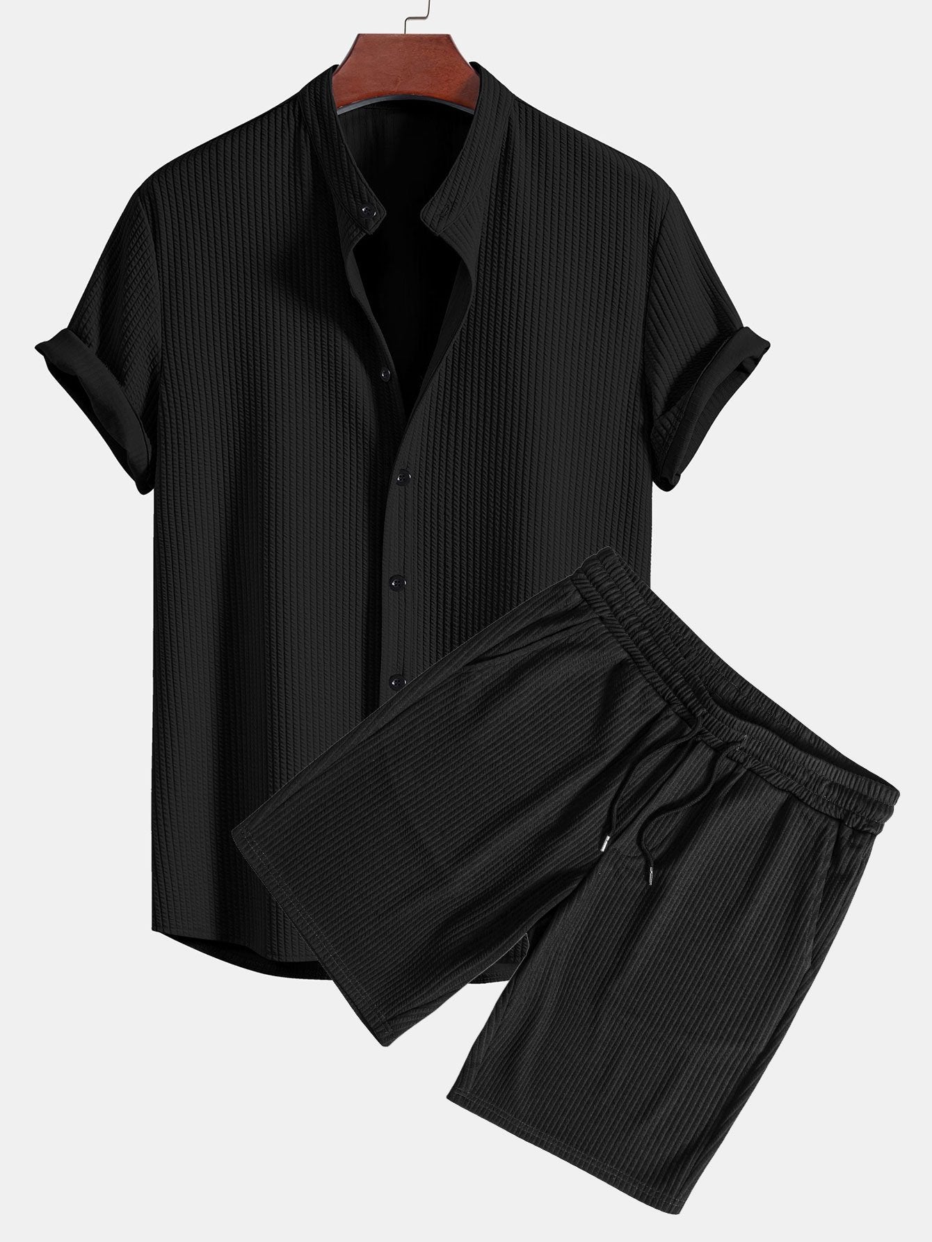 Muscle Fit Ribbed Stand Collar Shirt & Shorts — North Row | Back View
