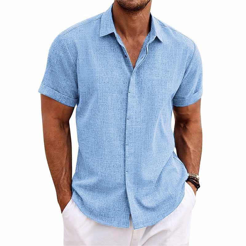 【24-hour shipping out】Men's Solid Color Lapel Cotton Linen Short Sleeve Shirt 82339241X — North Row | Close-Up