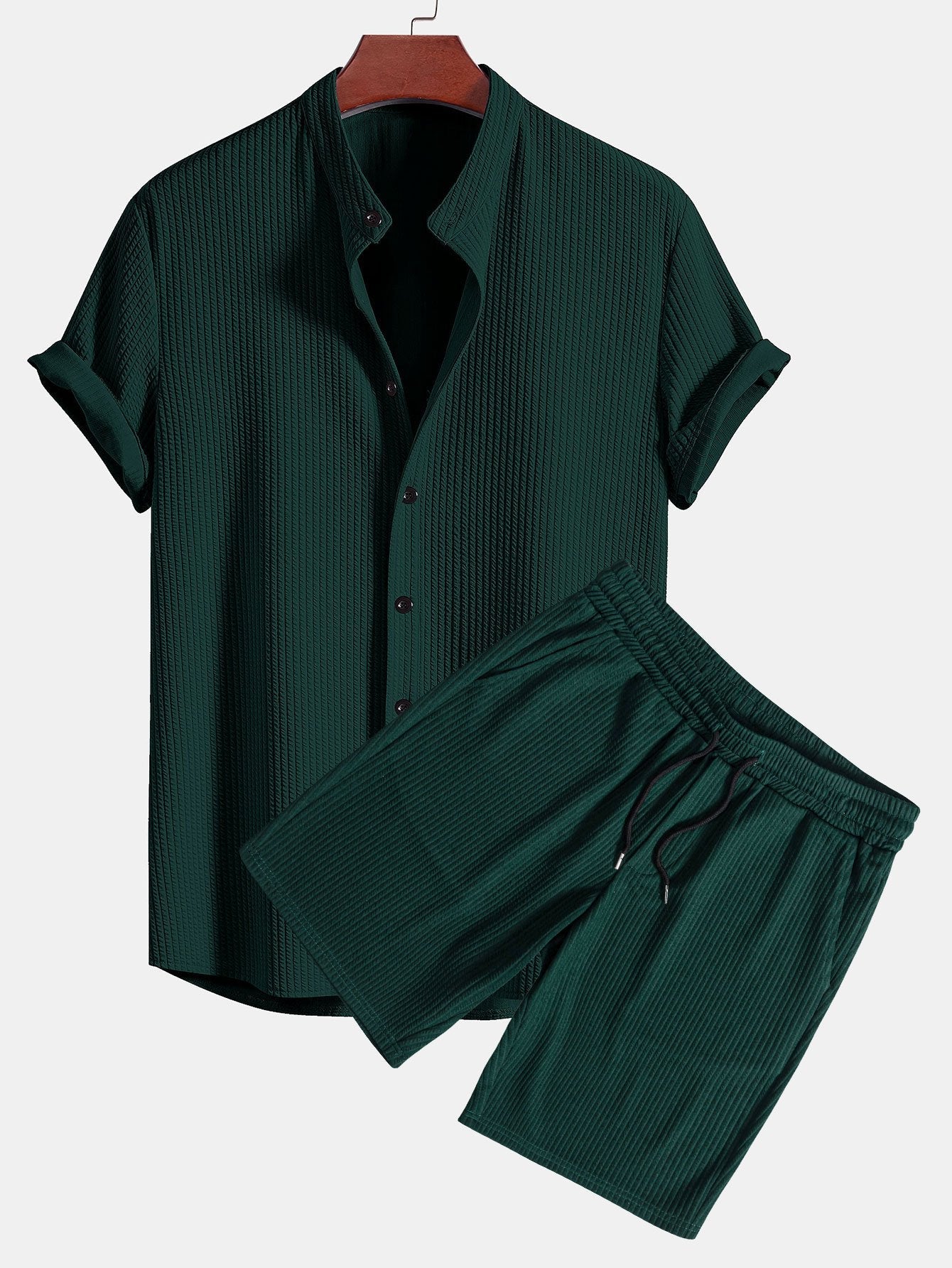 Muscle Fit Ribbed Stand Collar Shirt & Shorts — North Row | Side View
