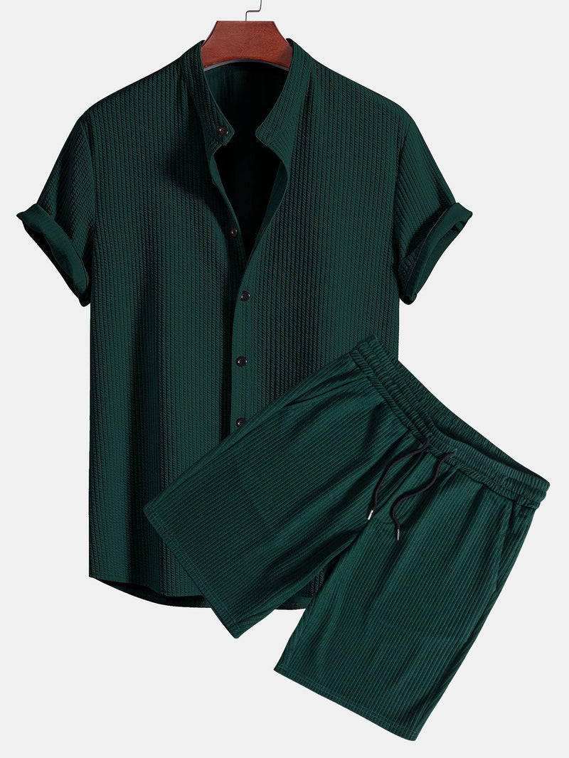Muscle Fit Ribbed Stand Collar Shirt & Shorts — North Row | Side View
