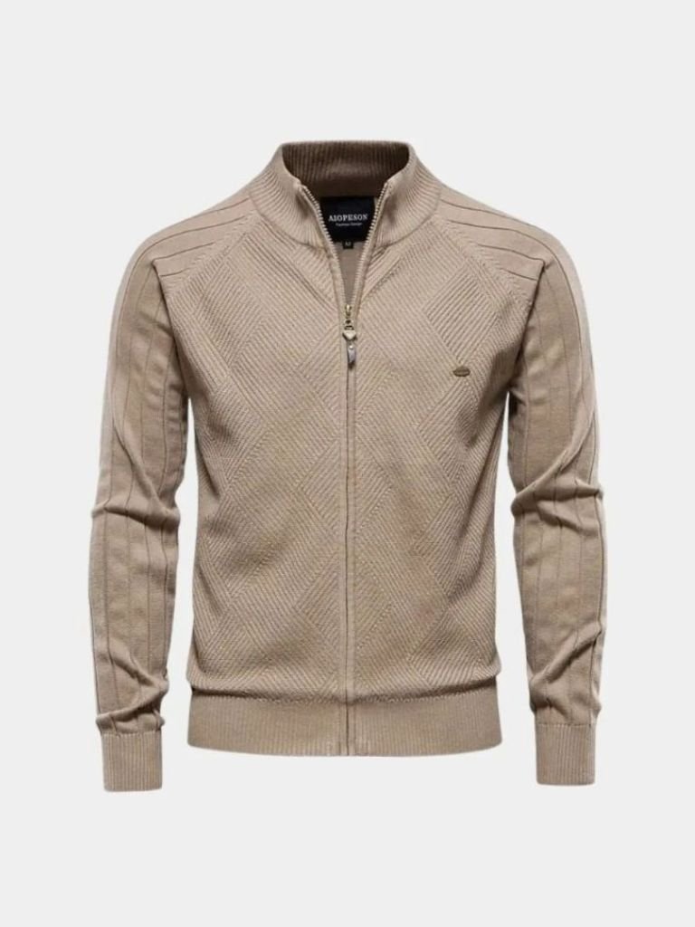 Knit Zipper Jacquard Solid Color Cardigan Sweater - North Row